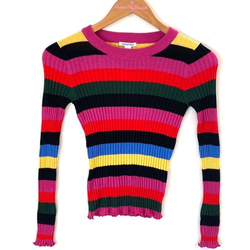 (B29) Nordstrom L/S Stretch Ribbed Sweater Pink Cyclamen Multi Stripe, L, Sz NWT